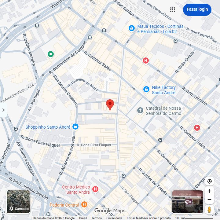 Mapa da região da Rua Monte Casseros, 279, Centro de Santo André, com marcador no endereço da clínica